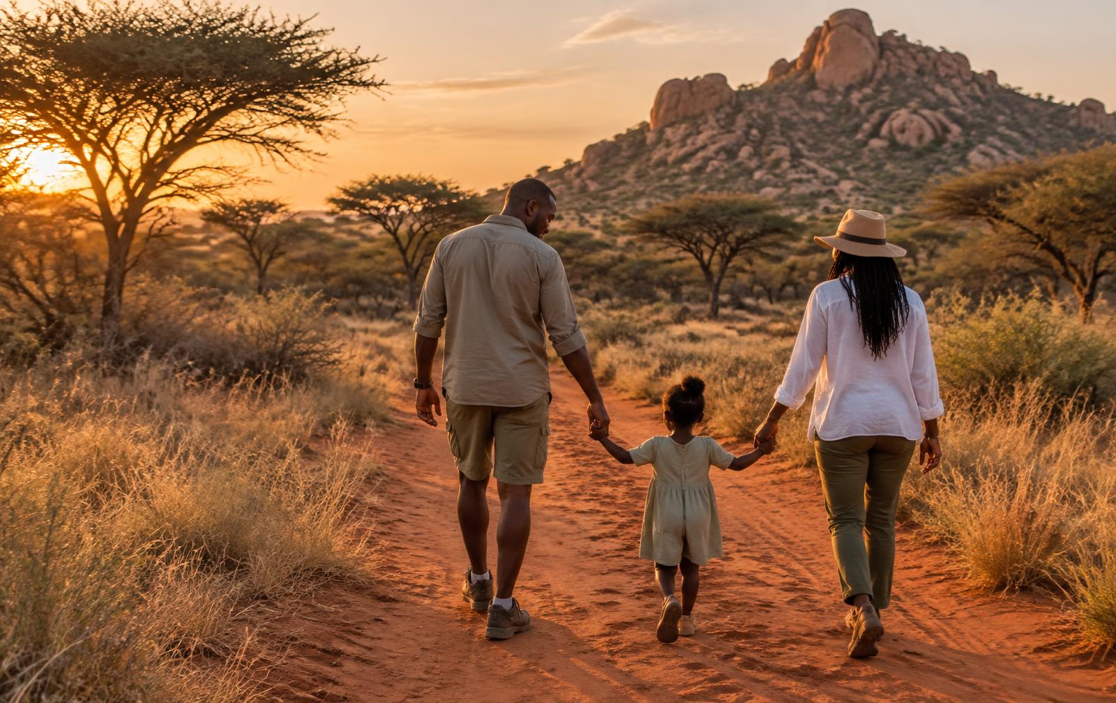 A family walking a sandy bush path at sunset